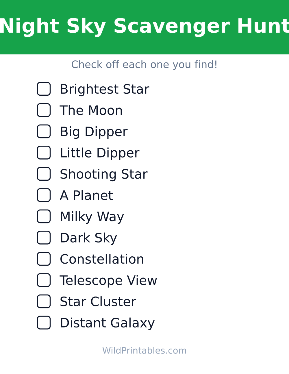 Night Sky Scavenger Hunt — free printable scavenger hunt for kids to print and color at home