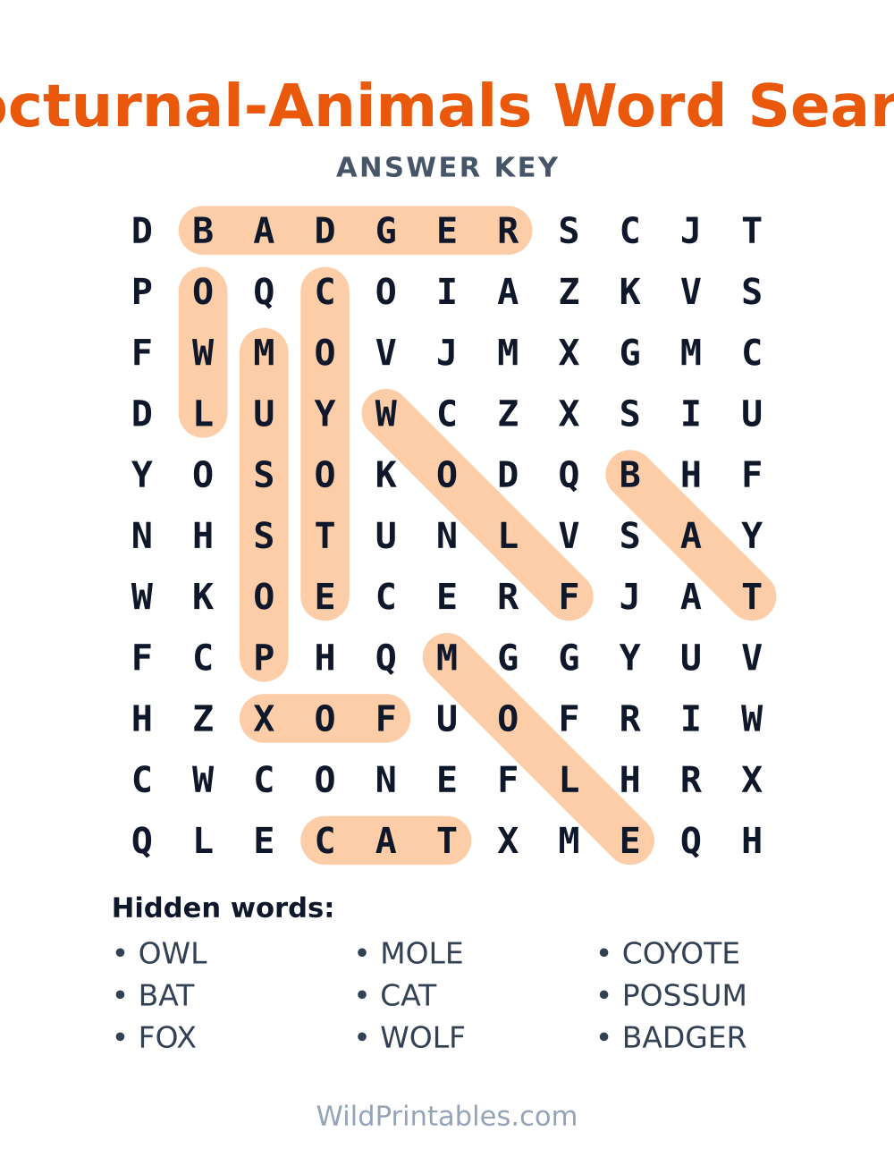 Nocturnal-Animals Word Search — answer key