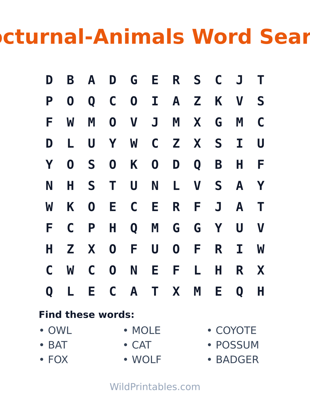 Nocturnal-Animals Word Search — free printable word search for kids