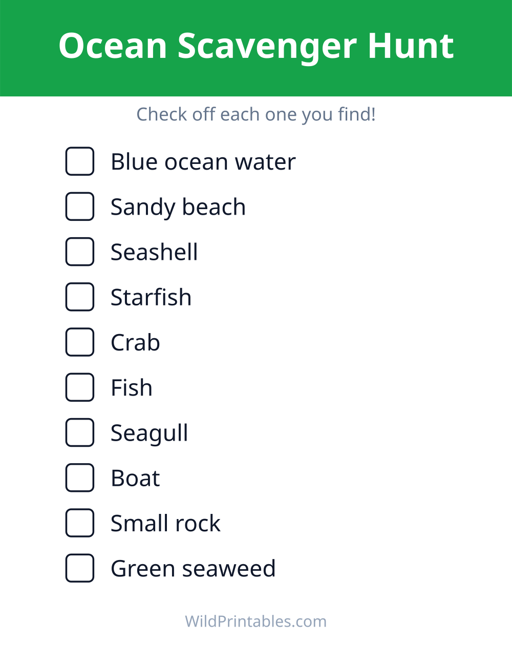 Ocean Scavenger Hunt — free printable scavenger hunt for kids