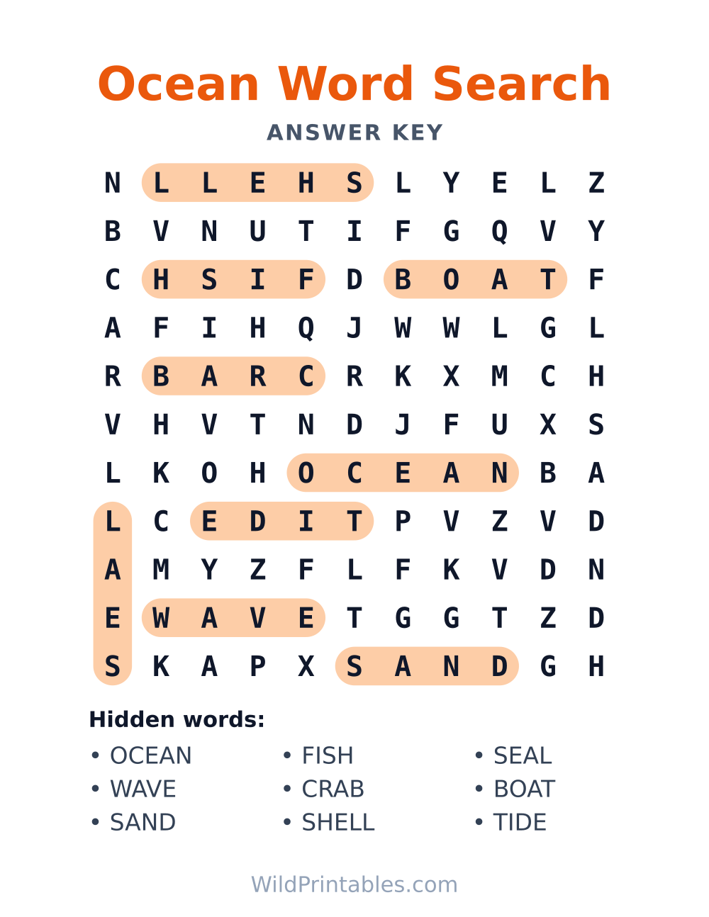 Ocean Word Search — answer key