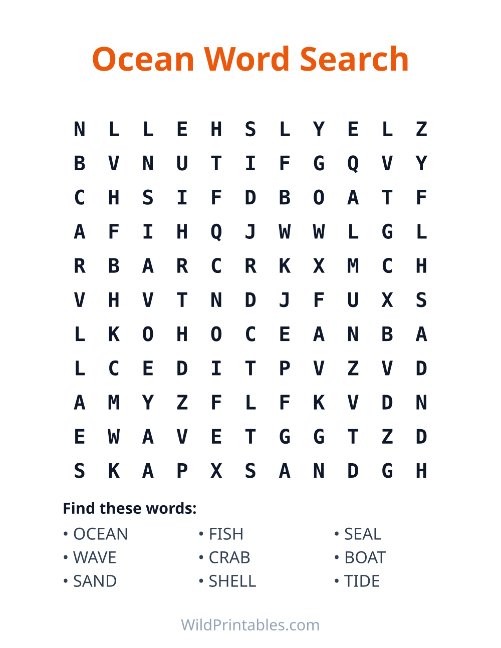 Ocean Word Search — free printable word search for kids