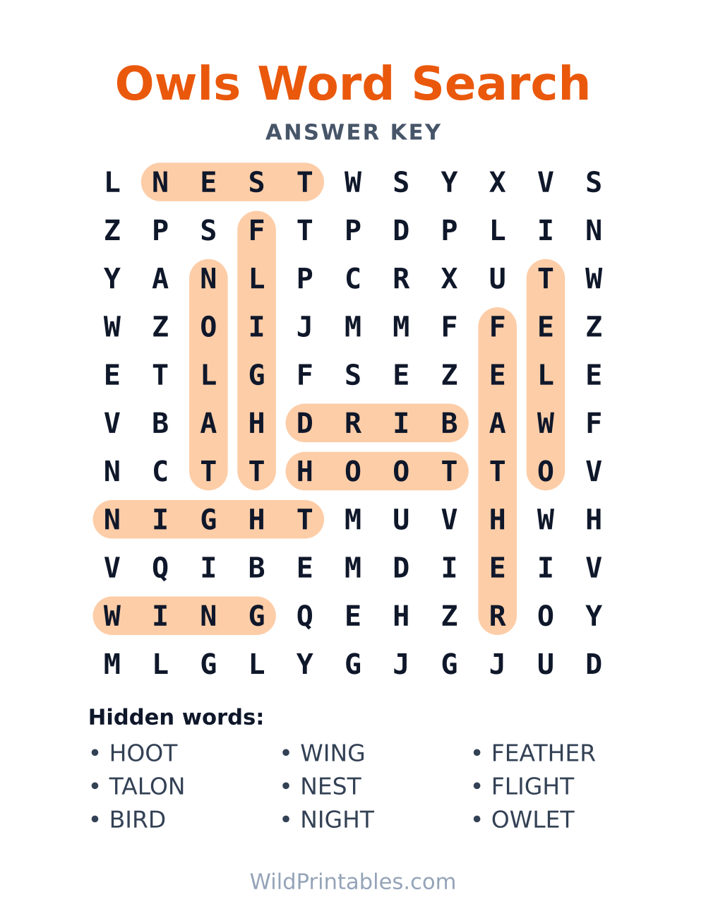 Owls Word Search — answer key