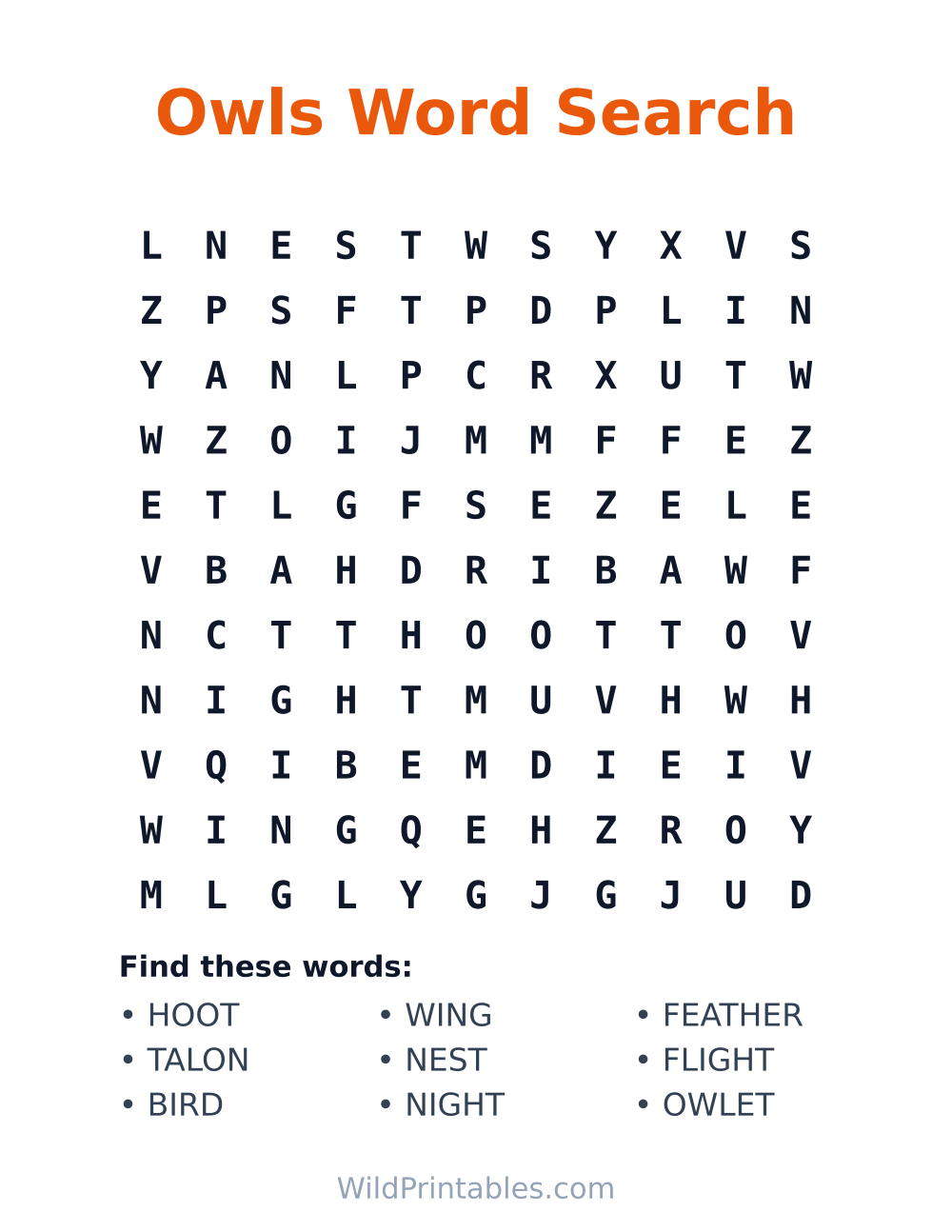 Owls Word Search — free printable word search for kids