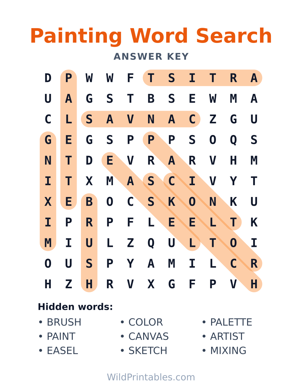 Painting Word Search — answer key