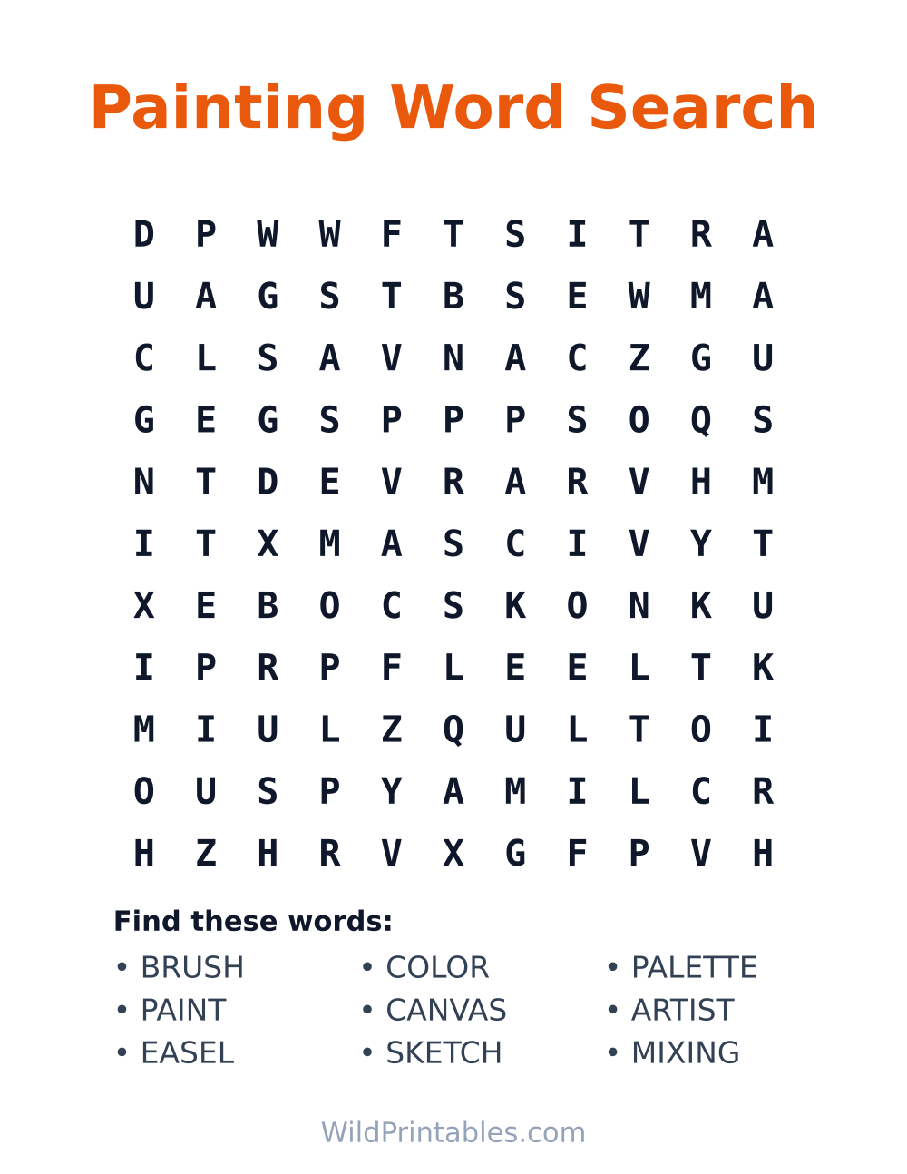 Painting Word Search — free printable word search for kids