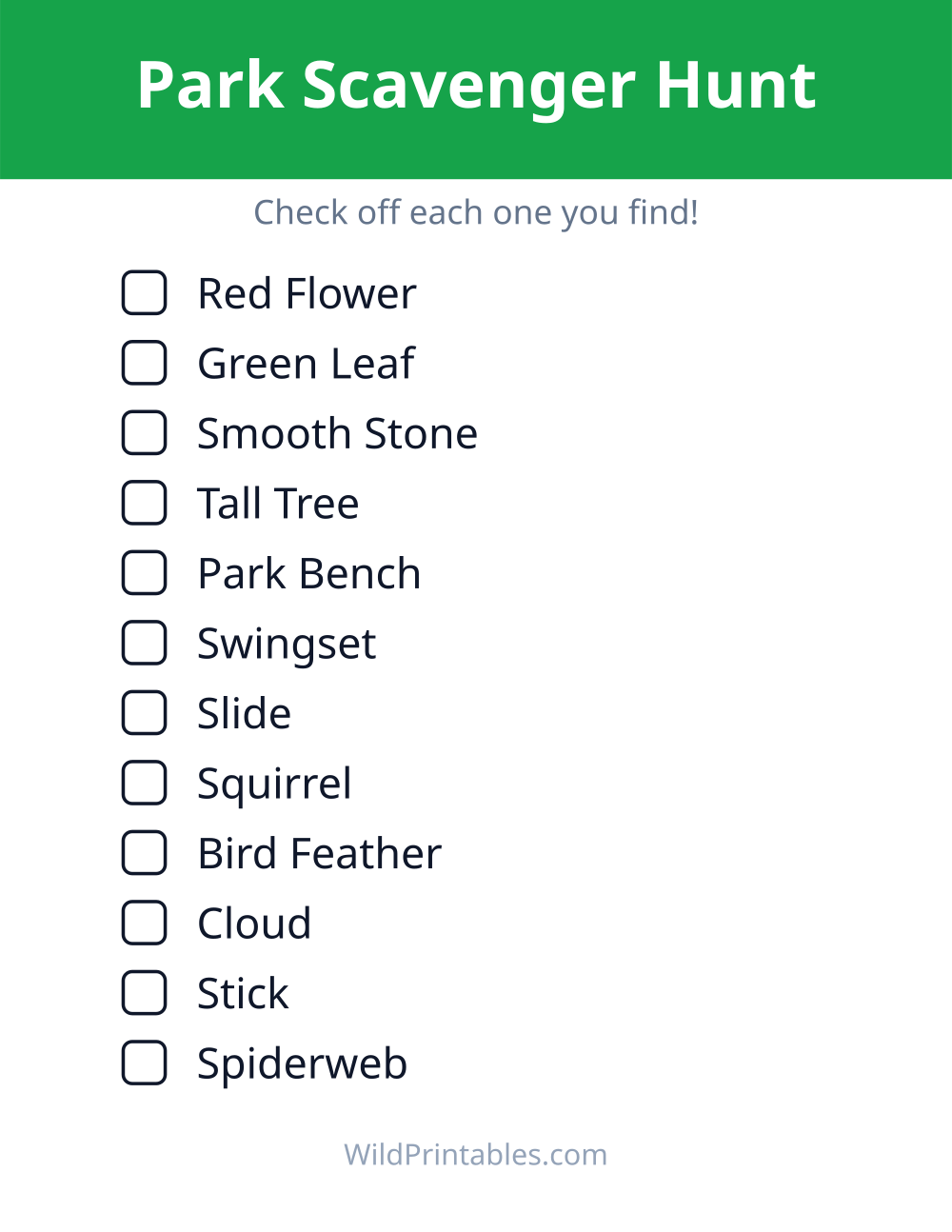Park Scavenger Hunt — free printable scavenger hunt for kids