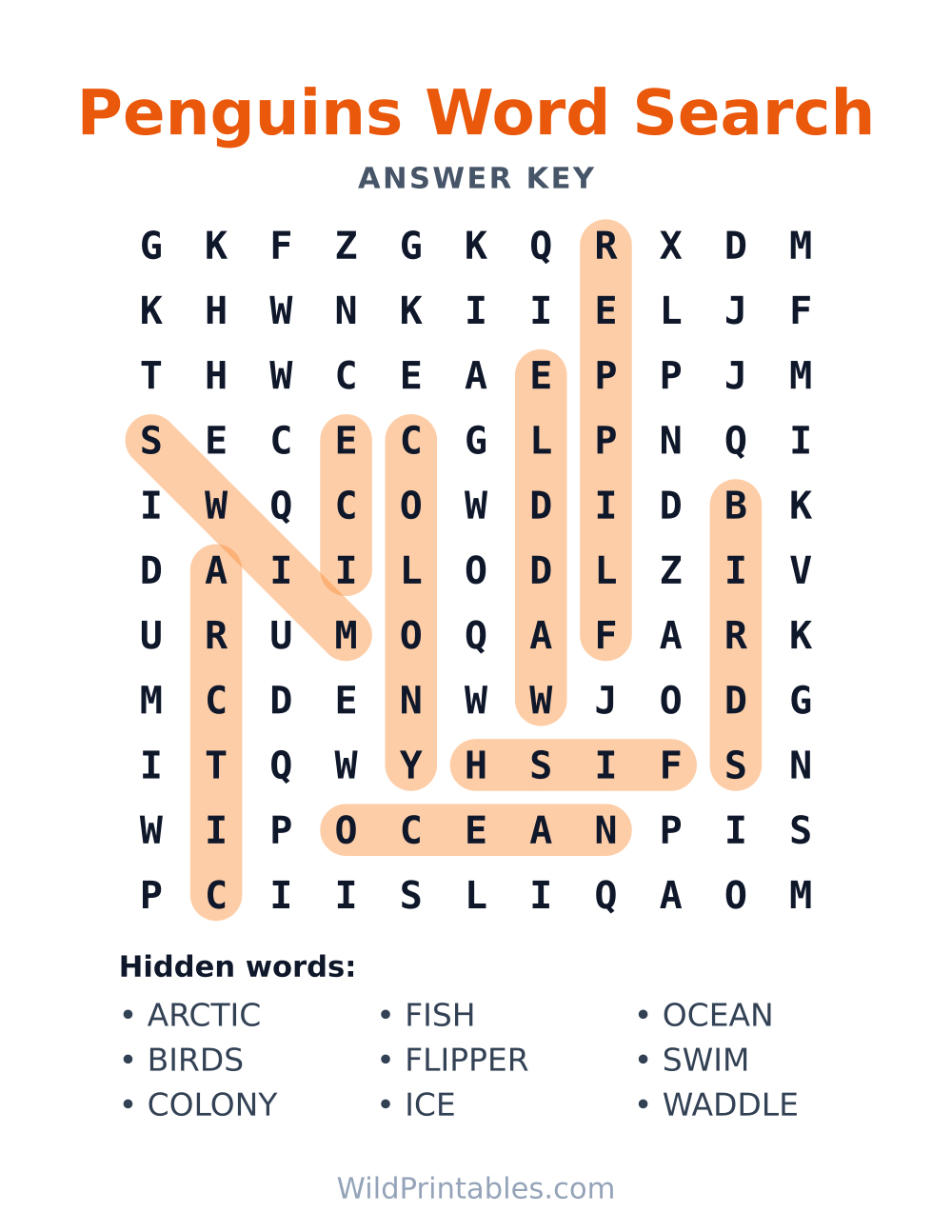 Penguins Word Search — answer key