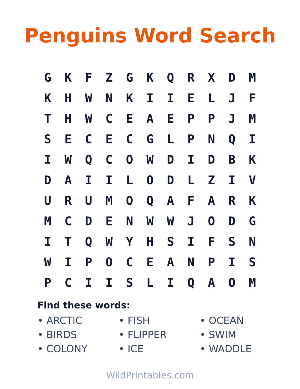 Penguins Word Search — free printable word search for kids