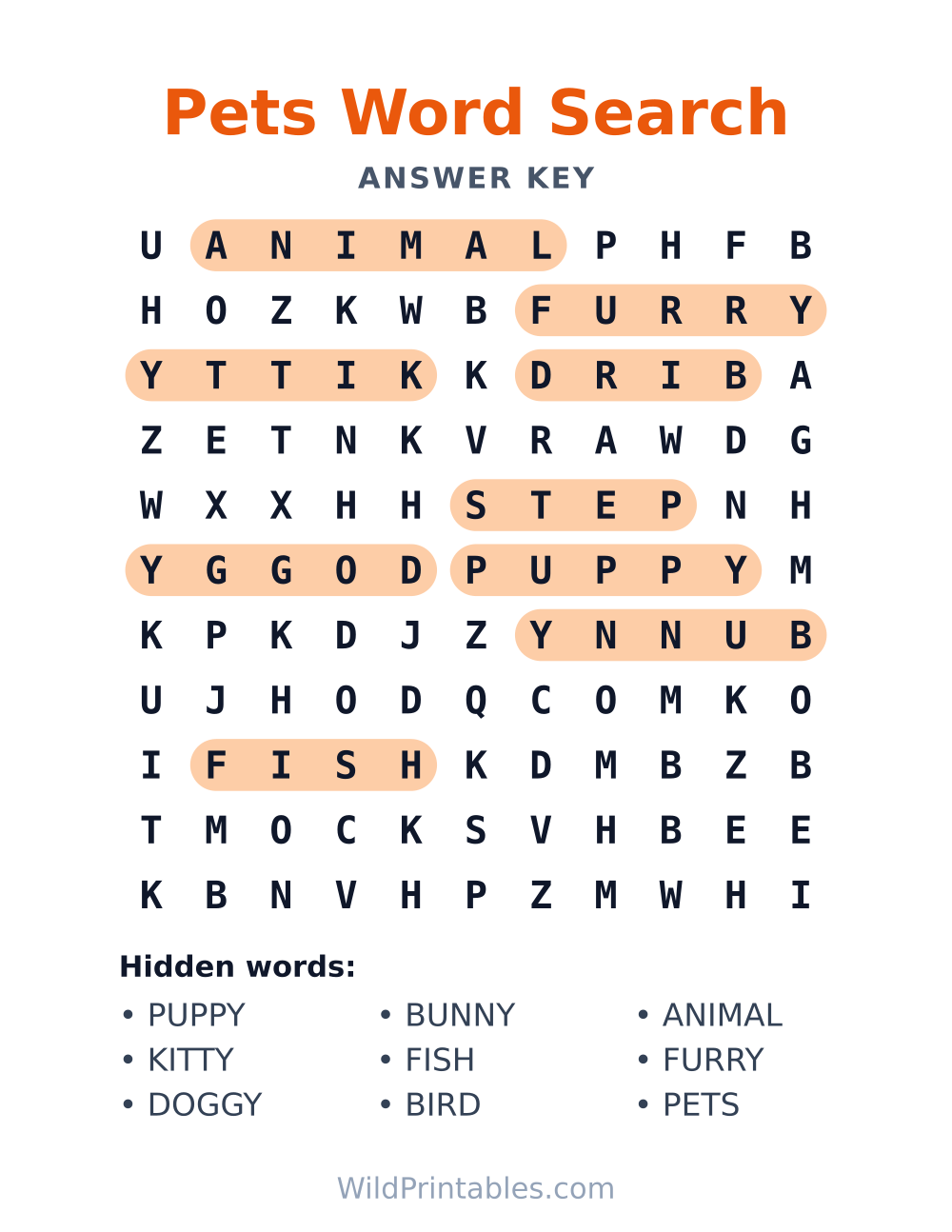 Pets Word Search — answer key