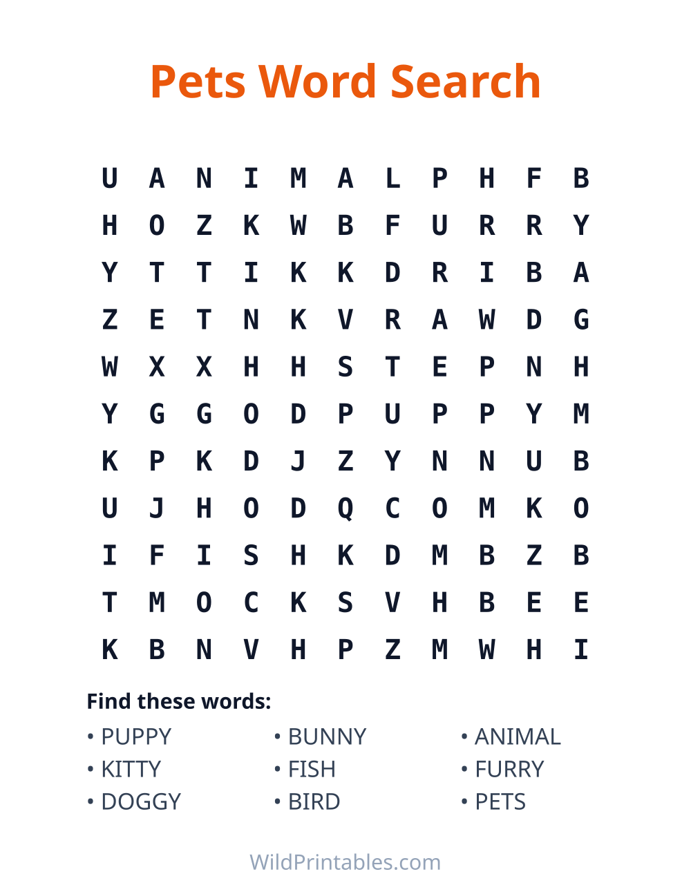 Pets Word Search — free printable word search for kids