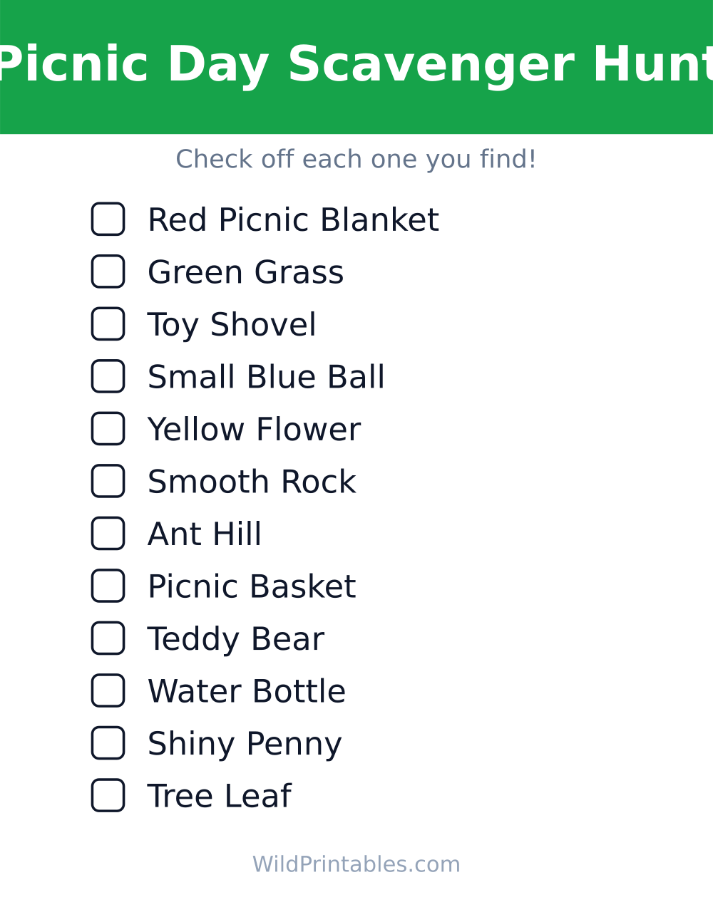 Picnic Day Scavenger Hunt — free printable scavenger hunt for kids