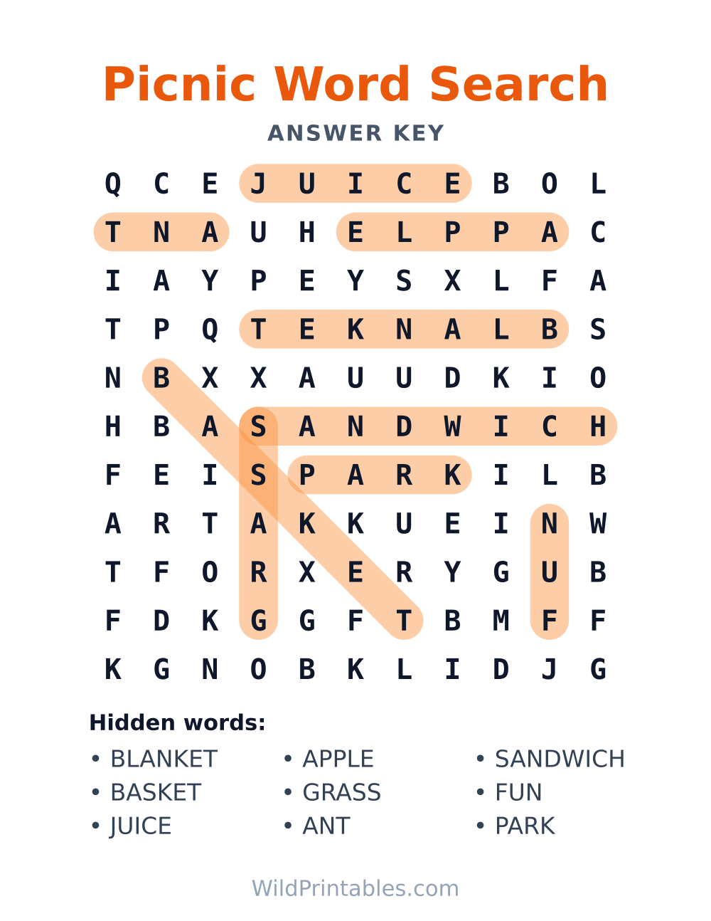 Picnic Word Search — answer key