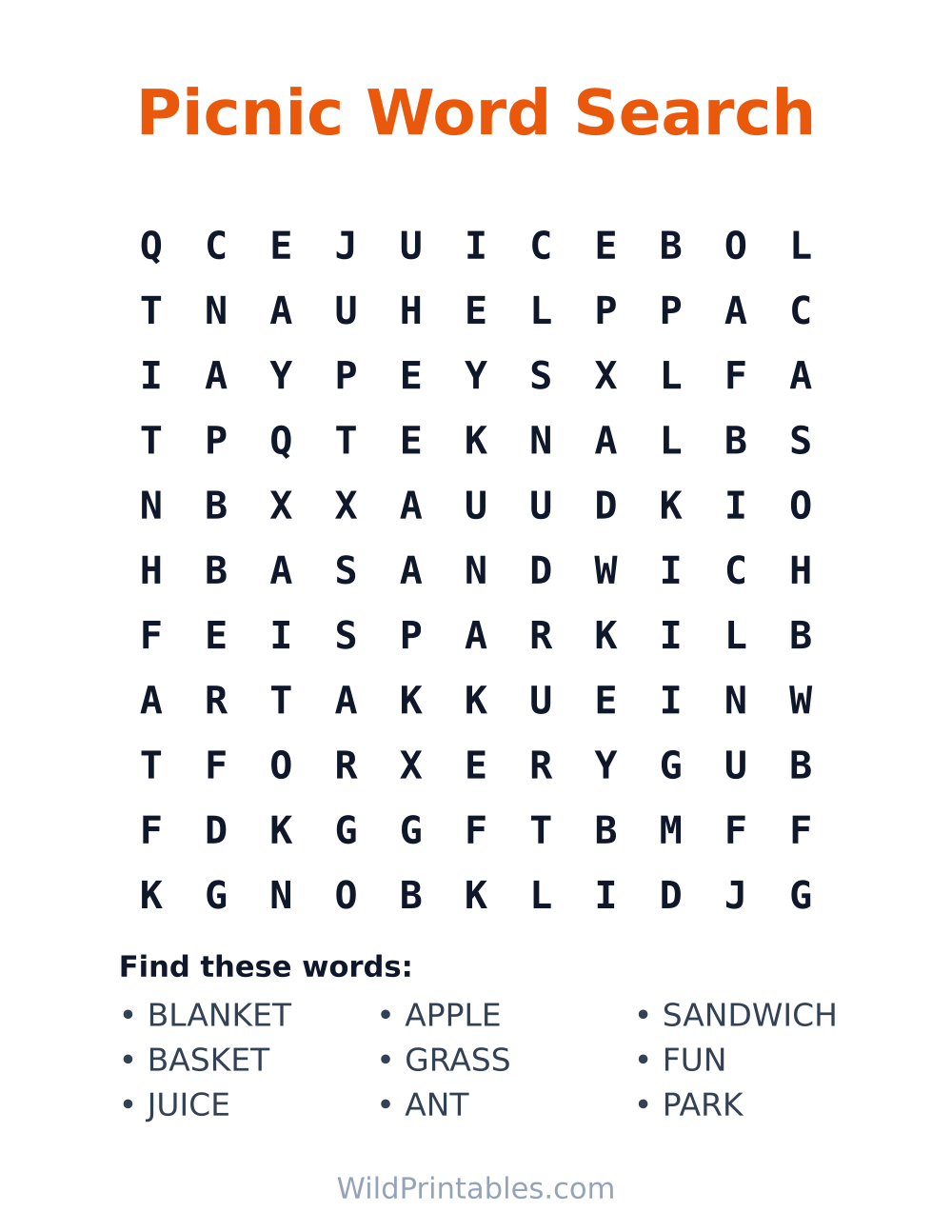 Picnic Word Search — free printable word search for kids