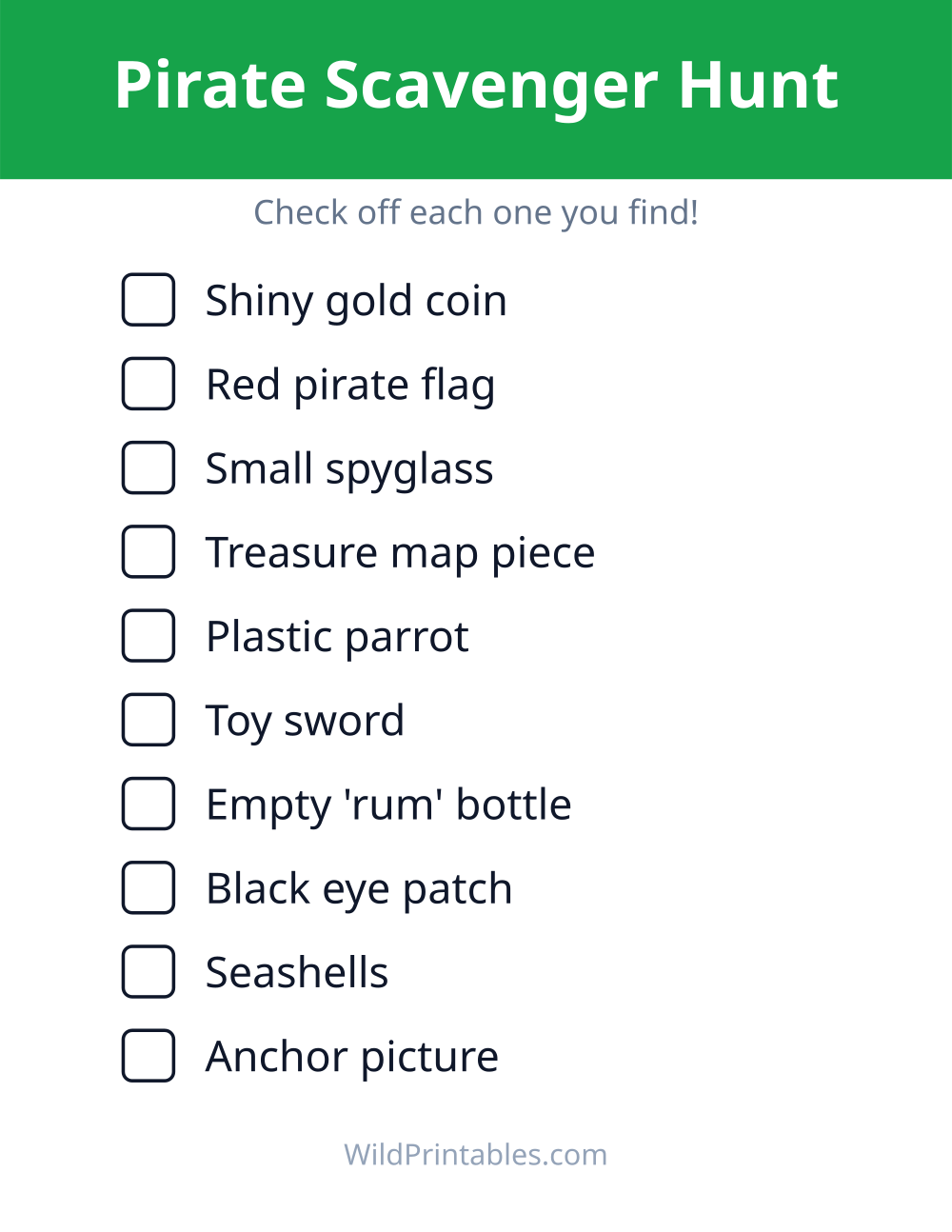 Pirate Scavenger Hunt — free printable scavenger hunt for kids