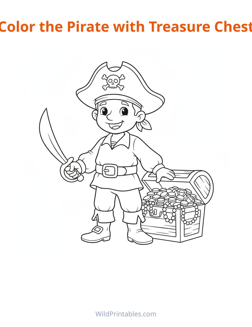 Pirate with Treasure Chest Coloring Page — free printable coloring for kids to print and color at home