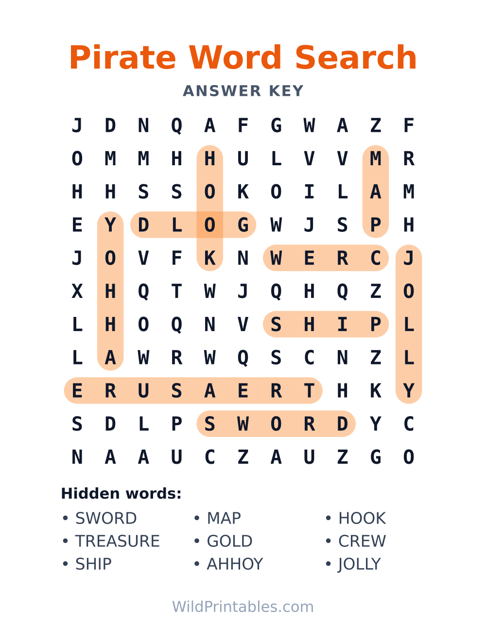 Pirate Word Search — answer key