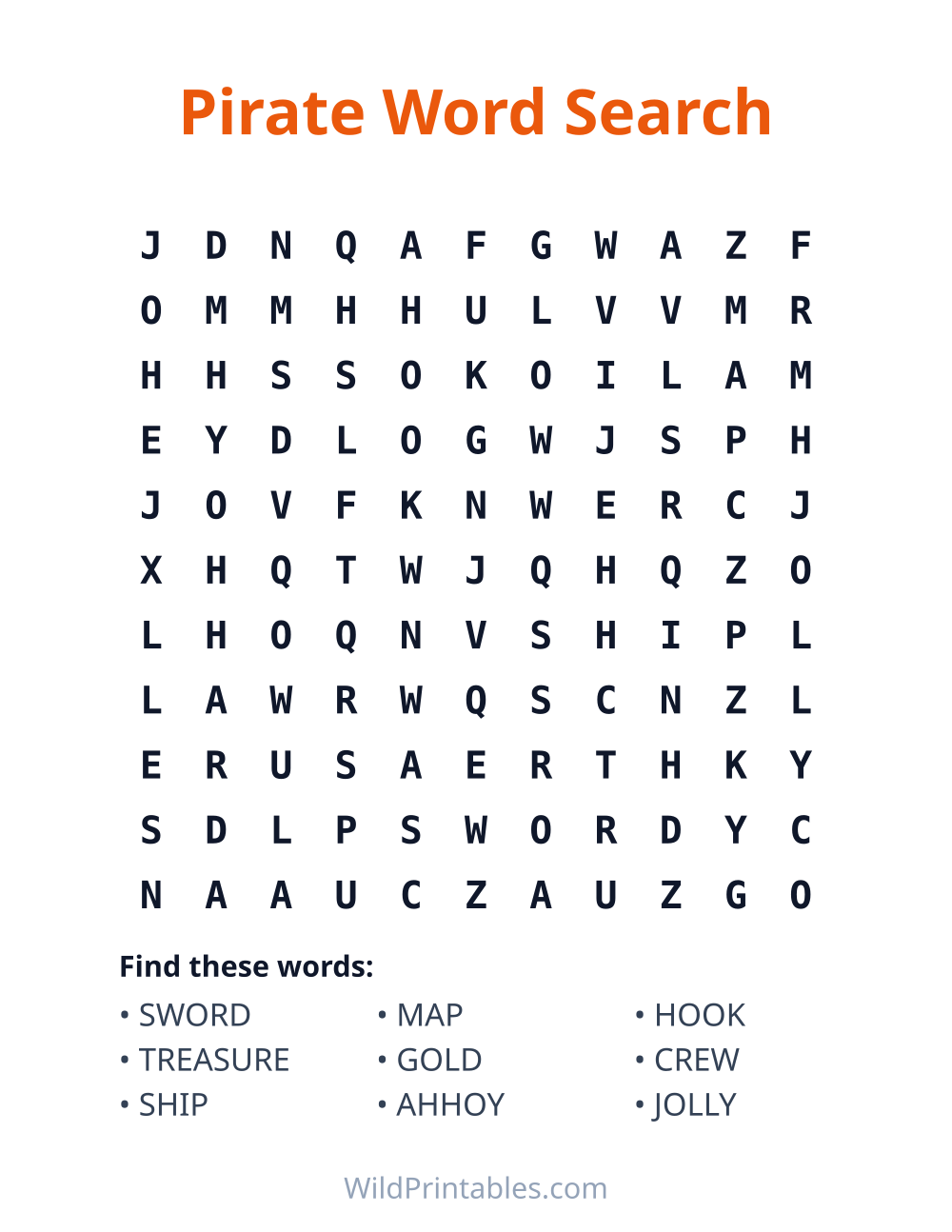 Pirate Word Search — free printable word search for kids to print and color at home