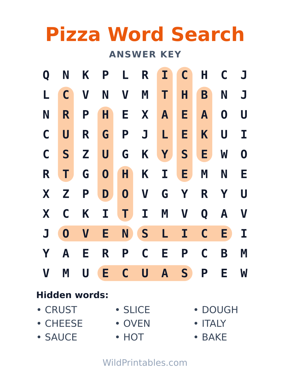 Pizza Word Search — answer key