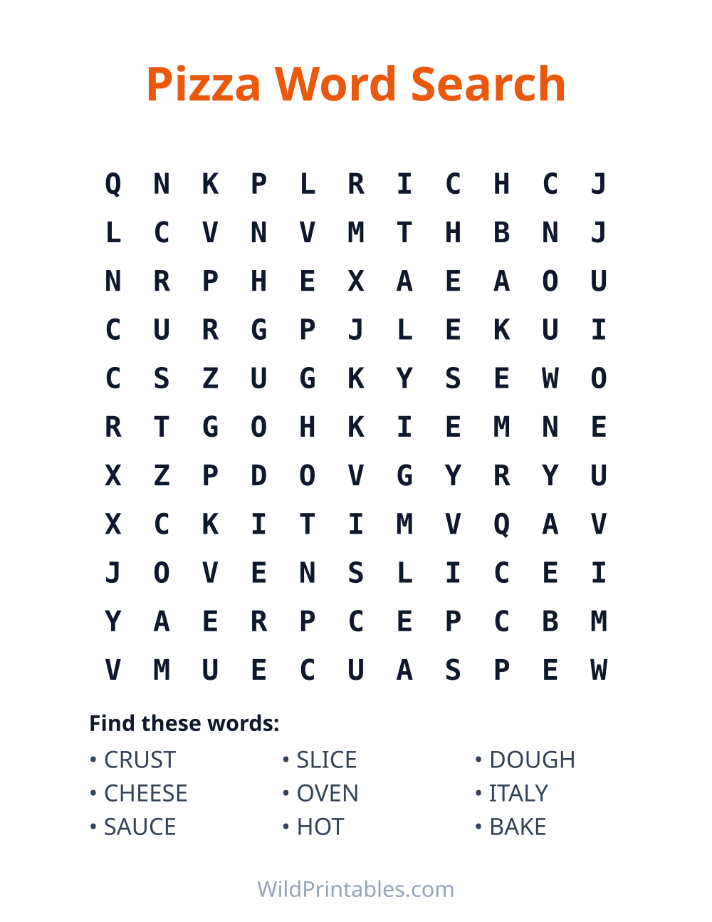 Pizza Word Search — free printable word search for kids to print and color at home