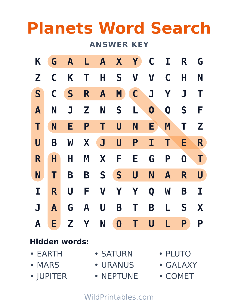 Planets Word Search — answer key