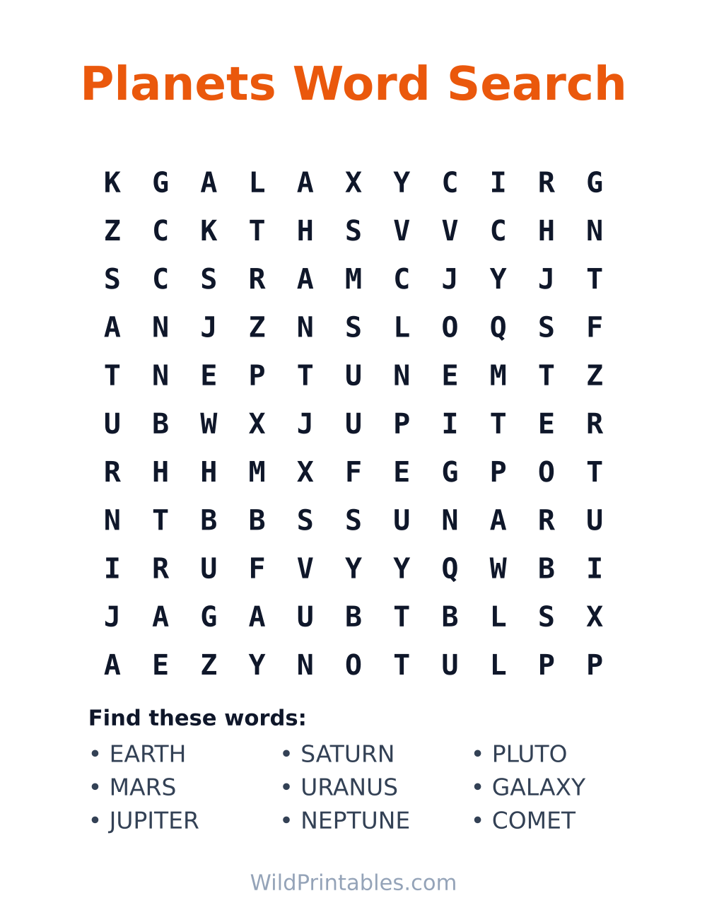 Planets Word Search — free printable word search for kids to print and color at home