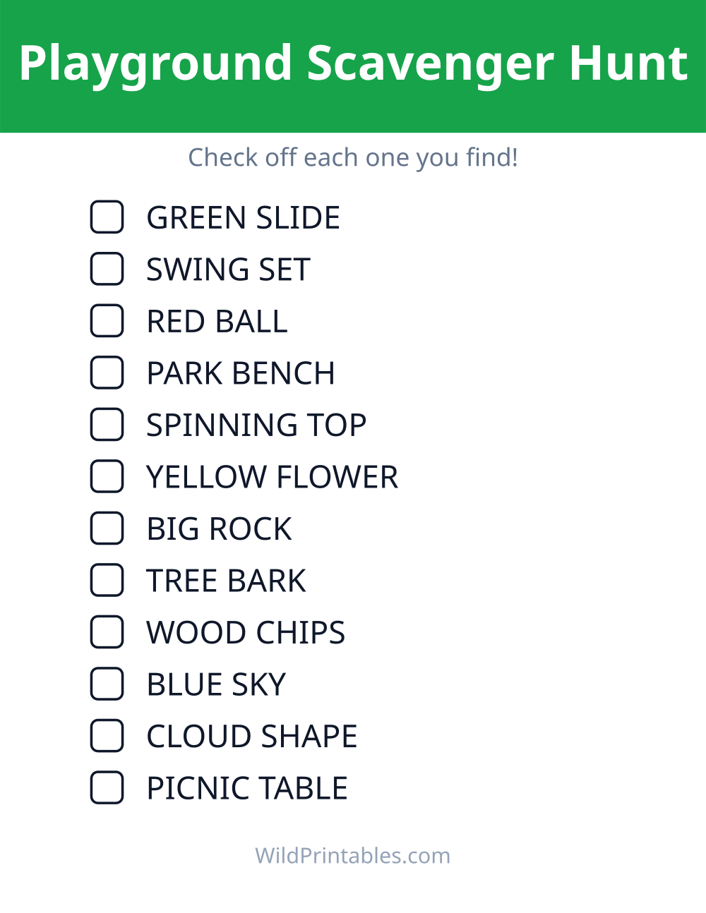 Playground Scavenger Hunt — free printable scavenger hunt for kids to print and color at home