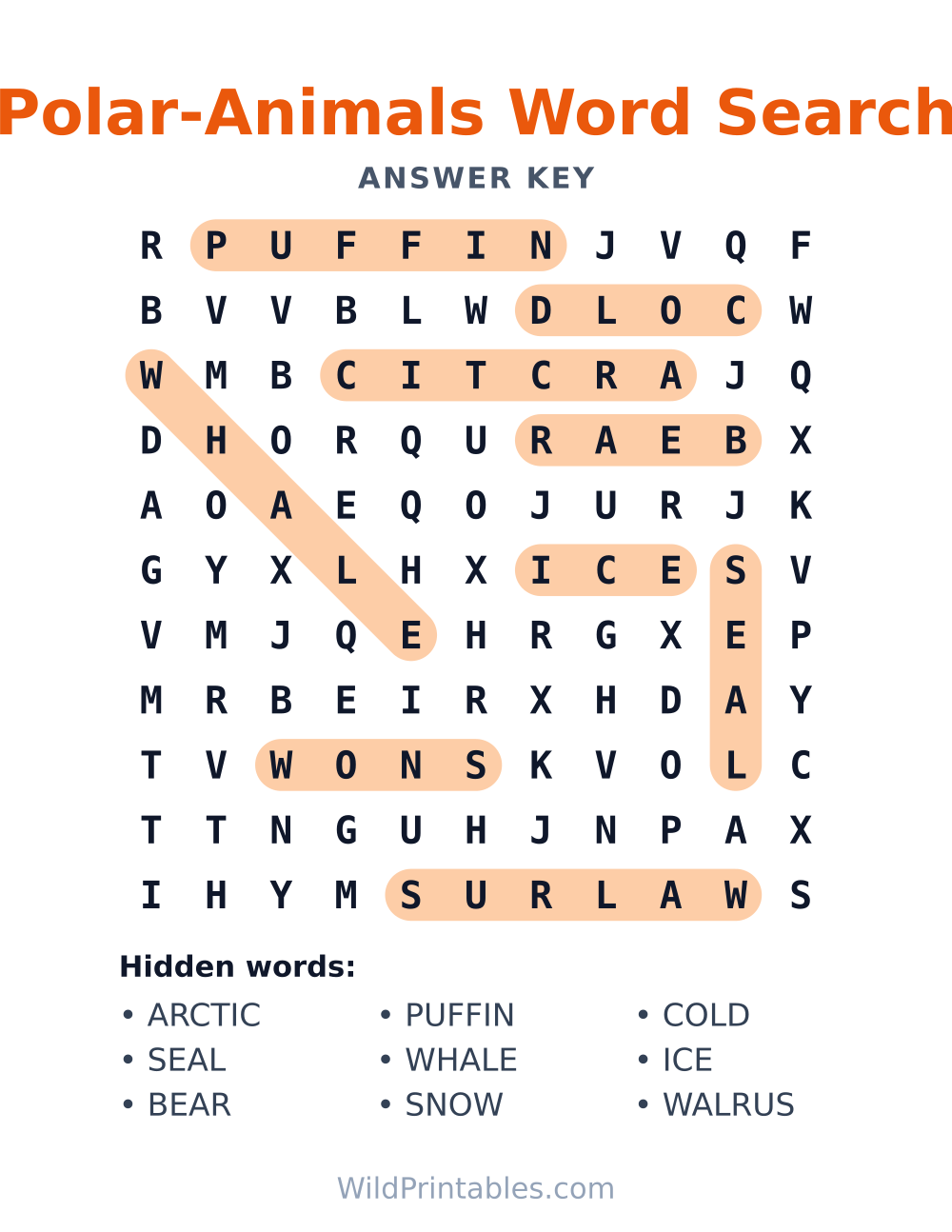 Polar-Animals Word Search — answer key