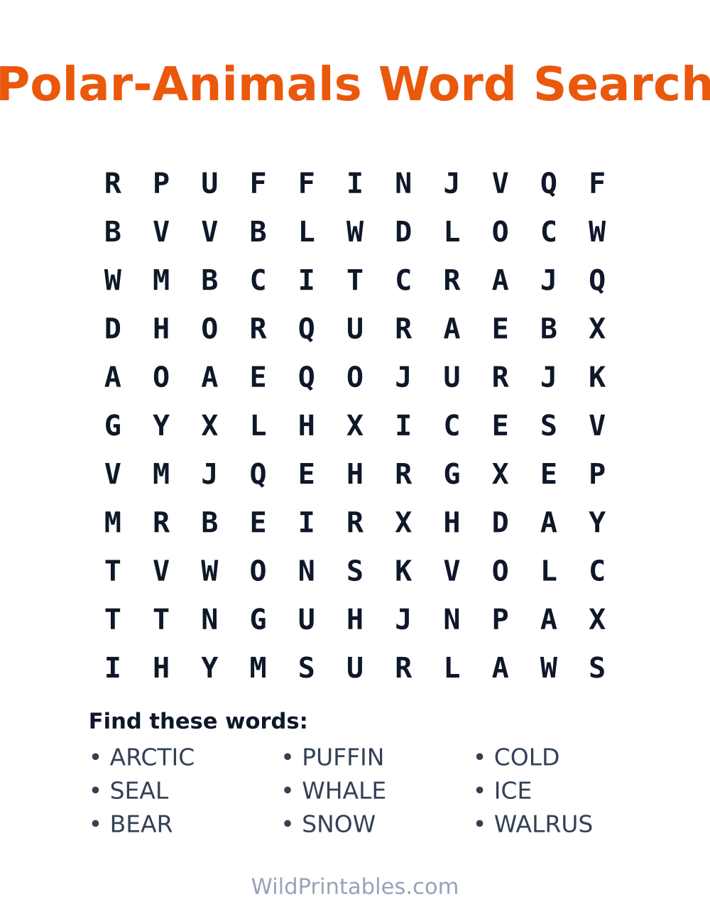 Polar-Animals Word Search — free printable word search for kids