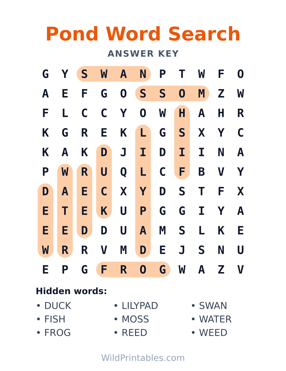Pond Word Search — answer key