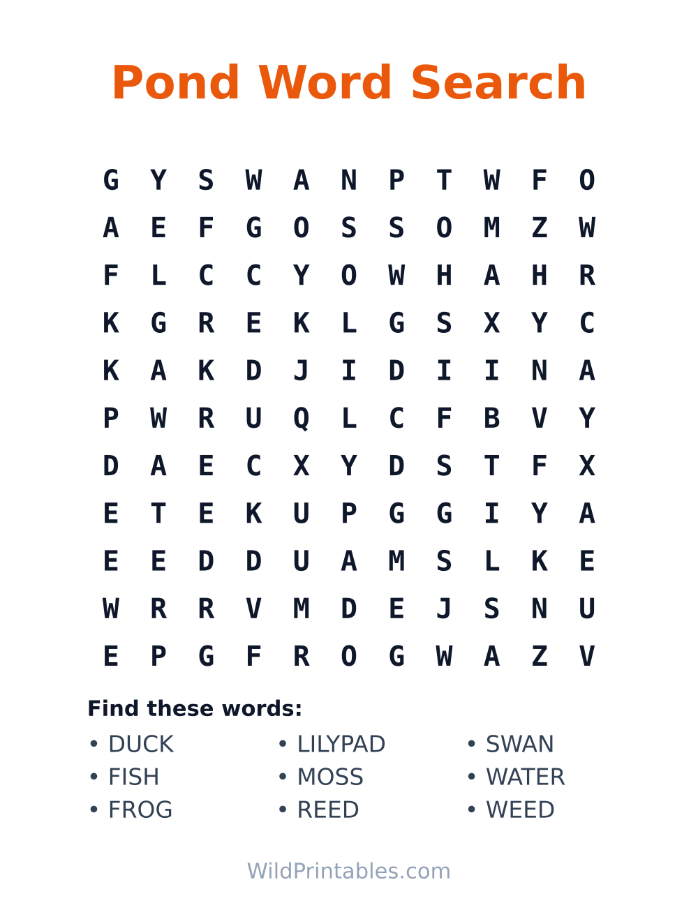 Pond Word Search — free printable word search for kids