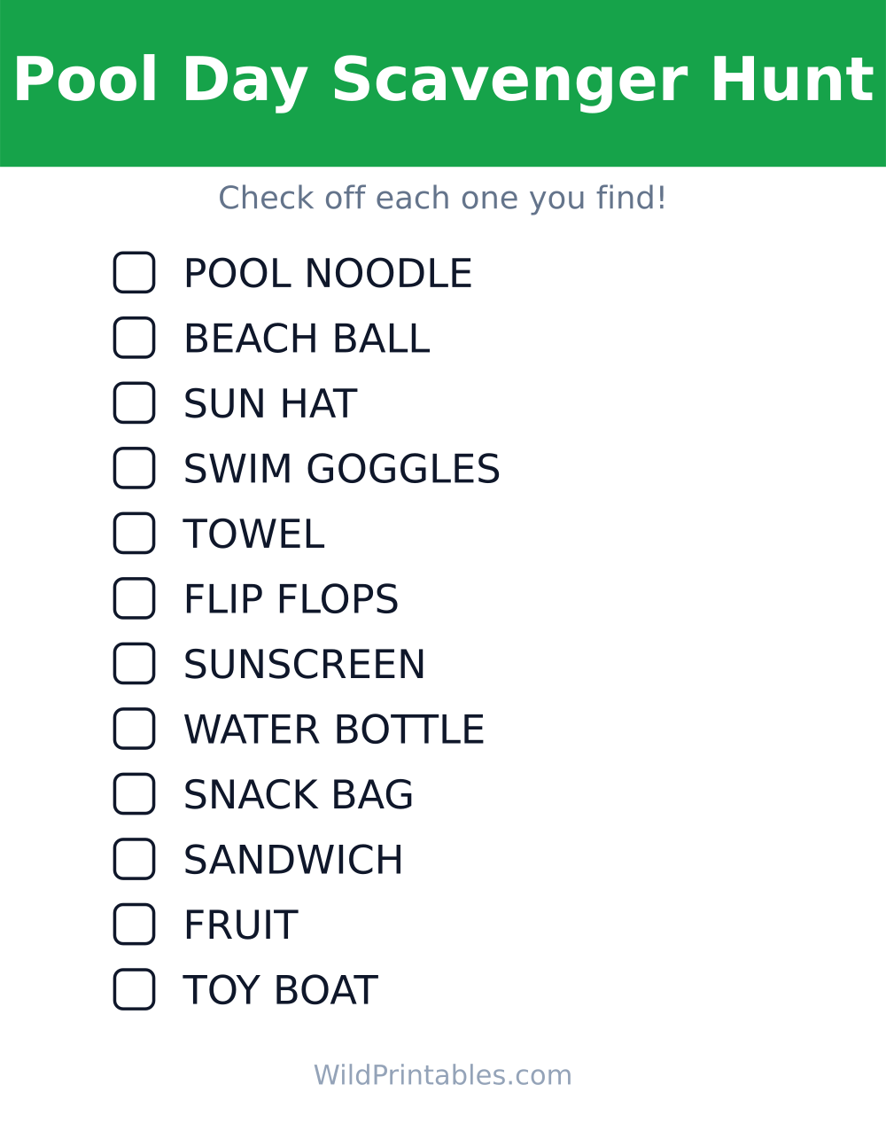 Pool Day Scavenger Hunt — free printable scavenger hunt for kids