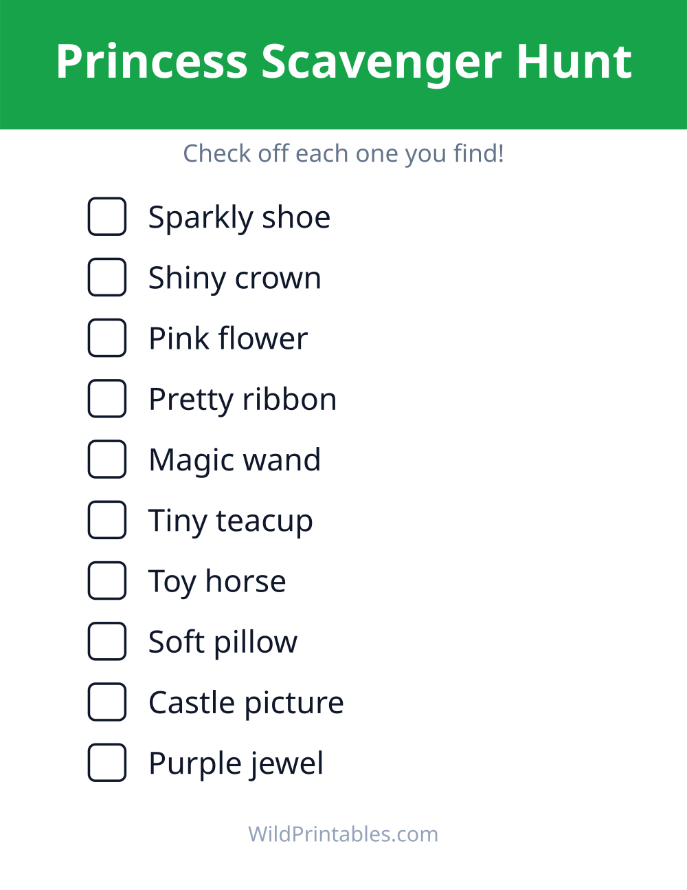 Princess Scavenger Hunt — free printable scavenger hunt for kids