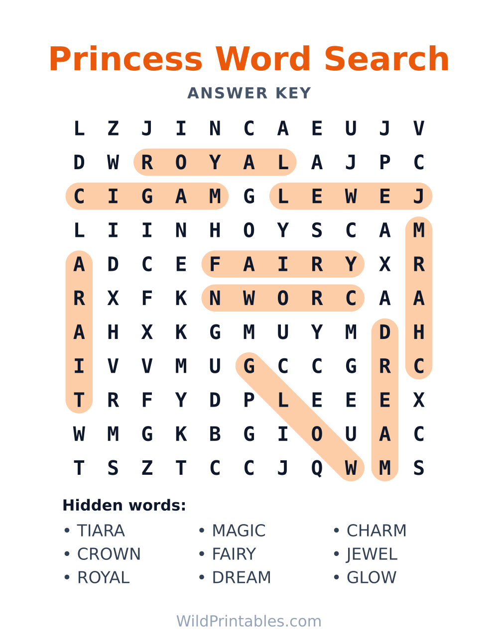 Princess Word Search — answer key