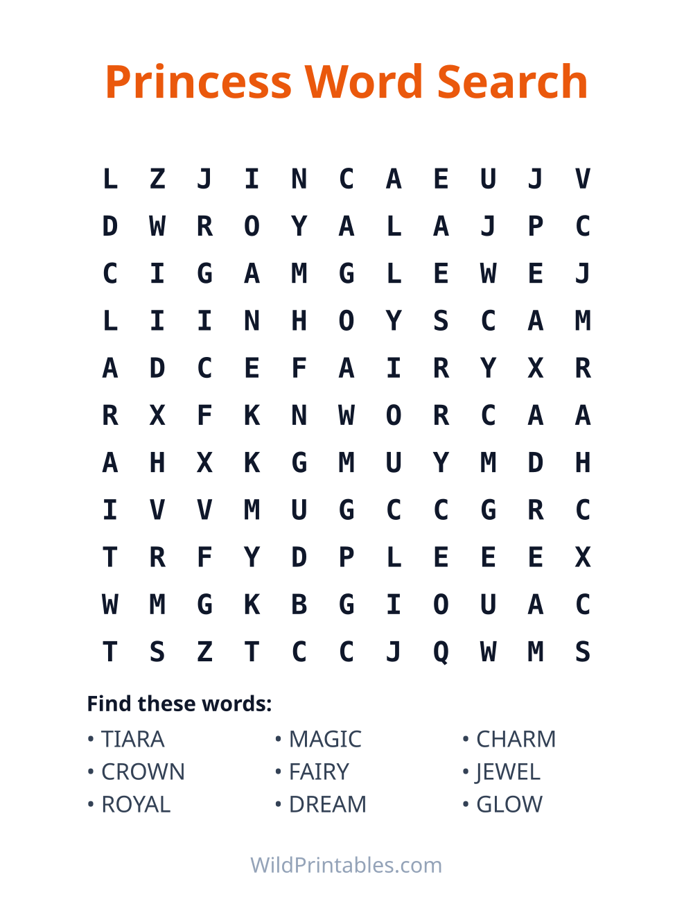 Princess Word Search — free printable word search for kids to print and color at home