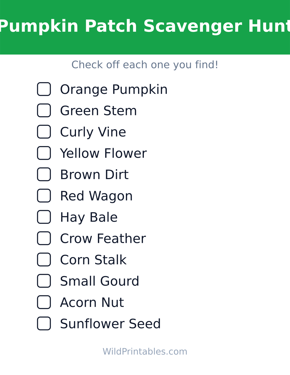 Pumpkin Patch Scavenger Hunt — free printable scavenger hunt for kids