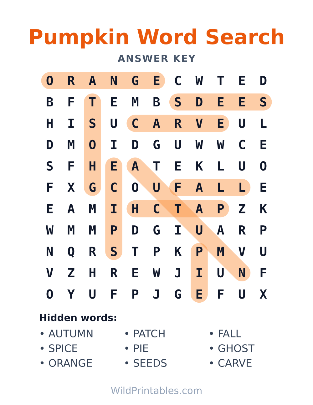 Pumpkin Word Search — answer key