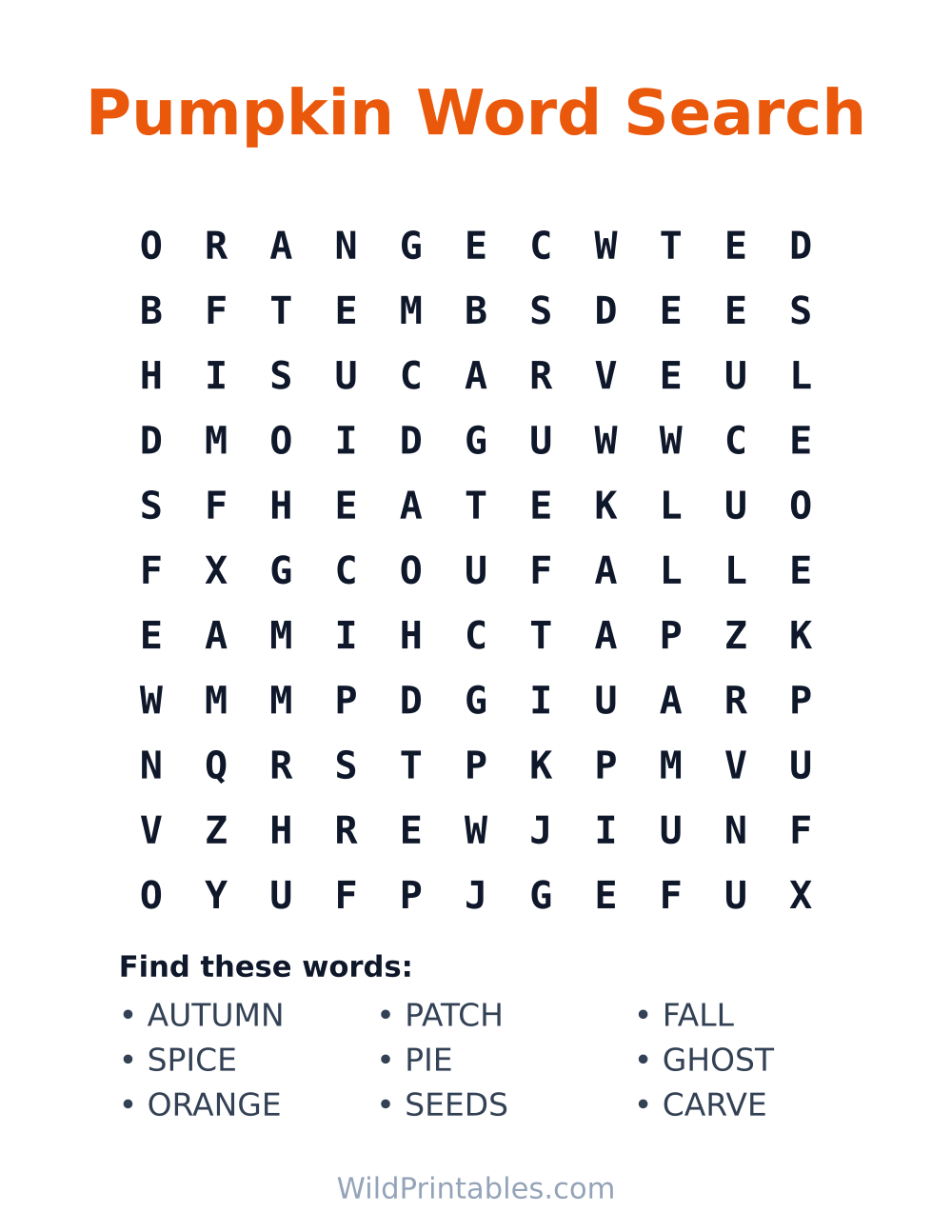 Pumpkin Word Search — free printable word search for kids to print and color at home