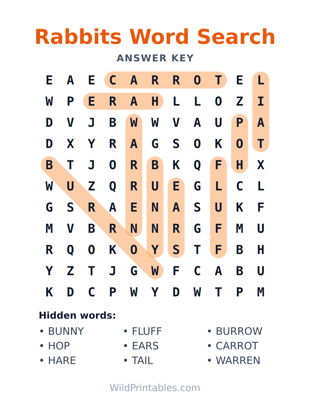 Rabbits Word Search — answer key