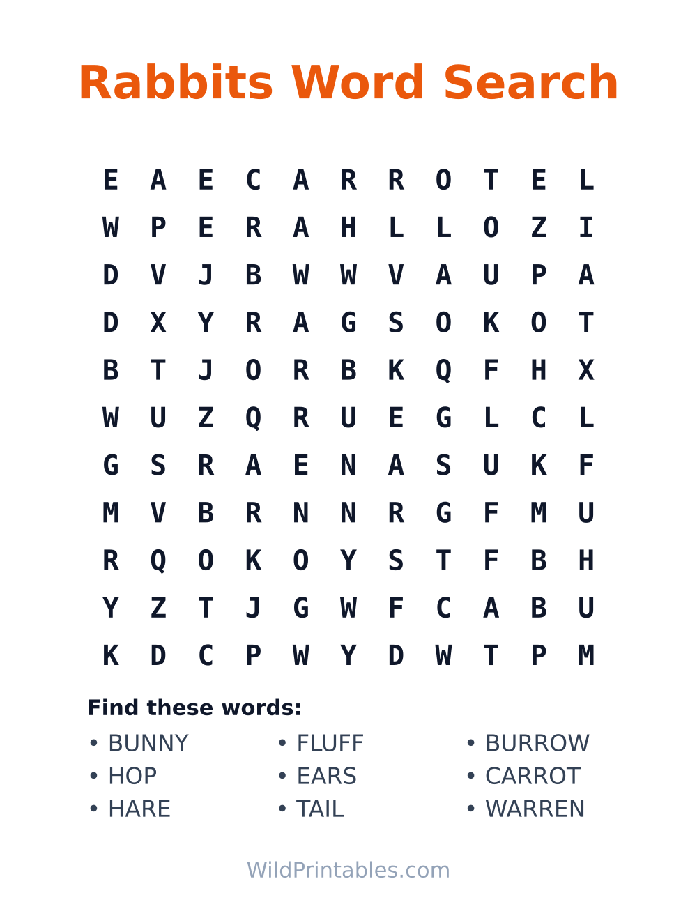 Rabbits Word Search — free printable word search for kids