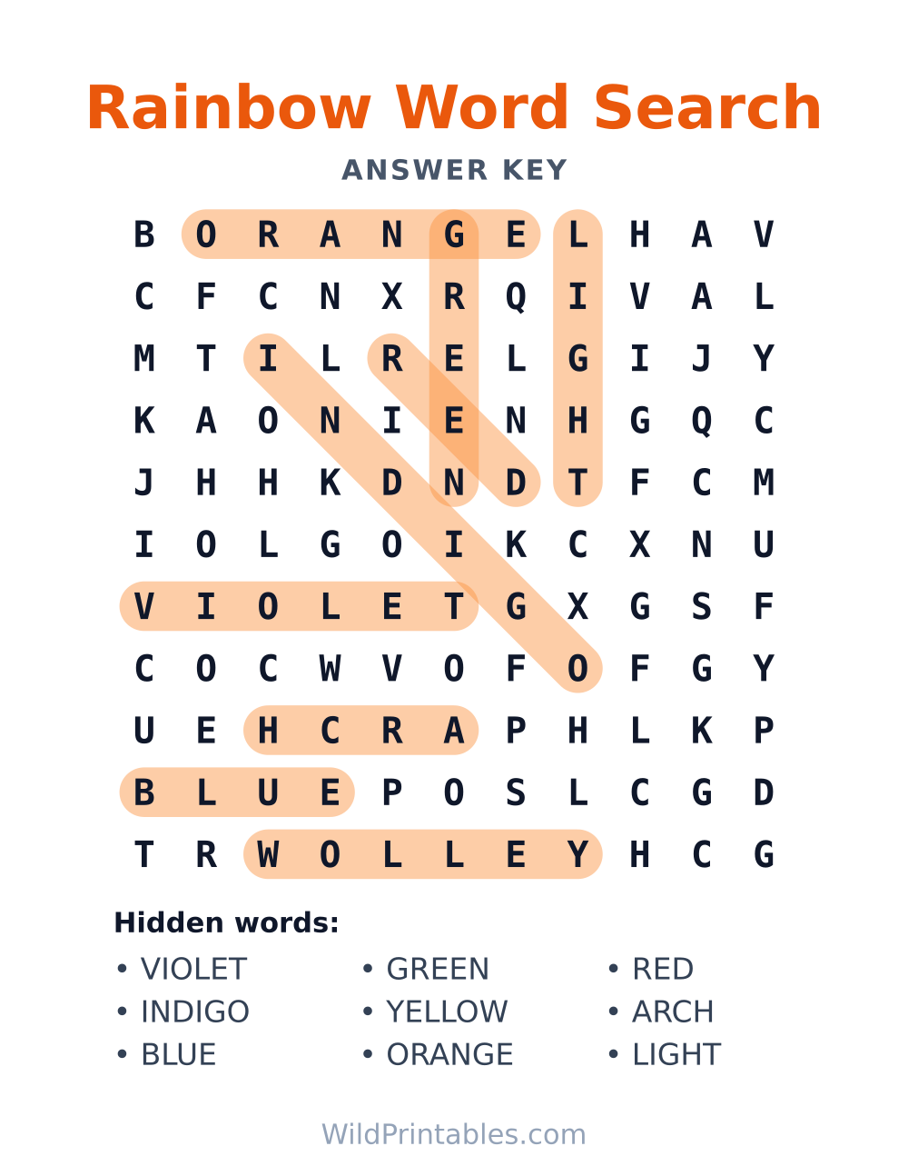 Rainbow Word Search — answer key
