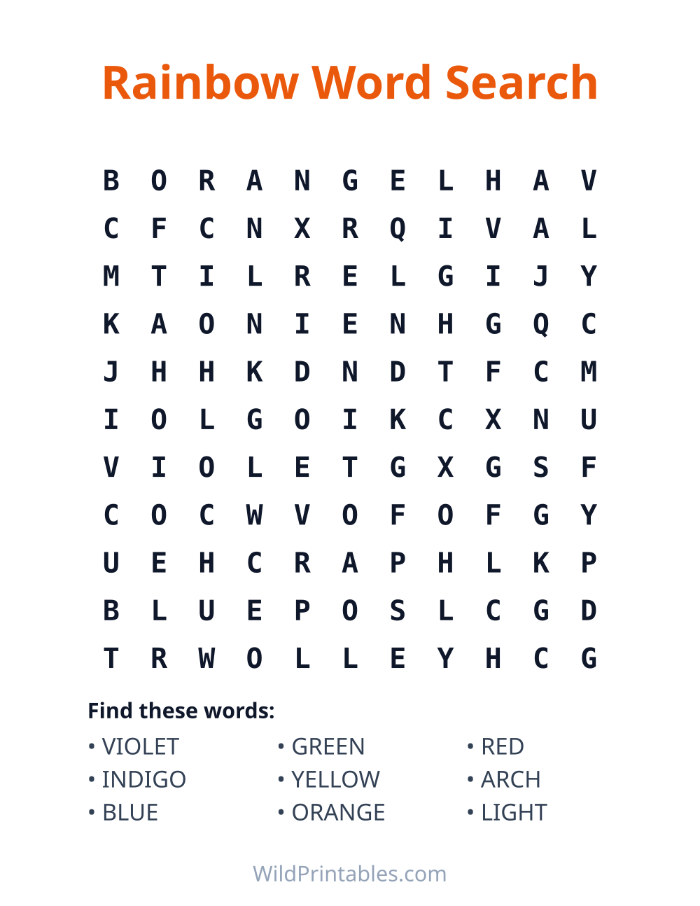 Rainbow Word Search — free printable word search for kids to print and color at home