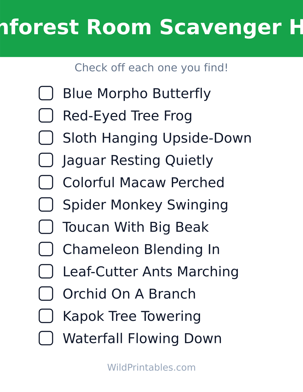 Rainforest Room Scavenger Hunt — free printable scavenger hunt for kids