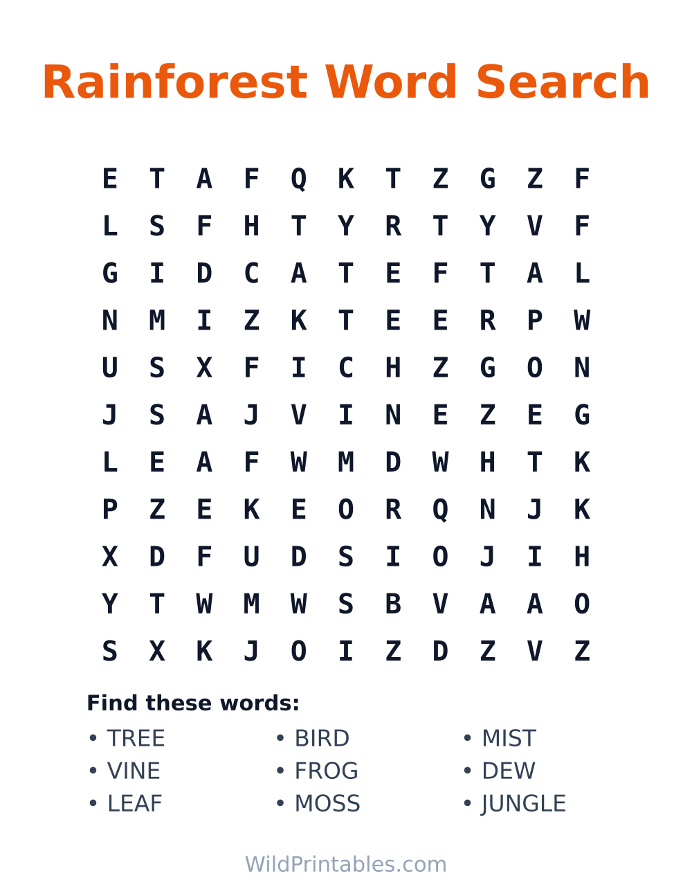 Rainforest Word Search — free printable word search for kids