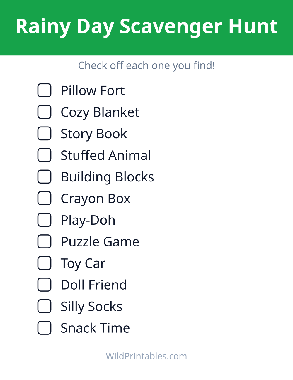 Rainy Day Scavenger Hunt — free printable scavenger hunt for kids to print and color at home