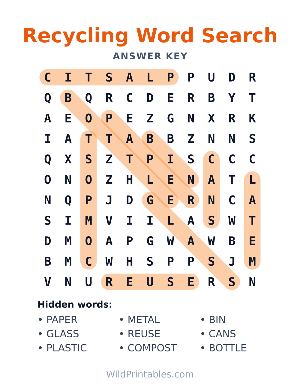 Recycling Word Search — answer key
