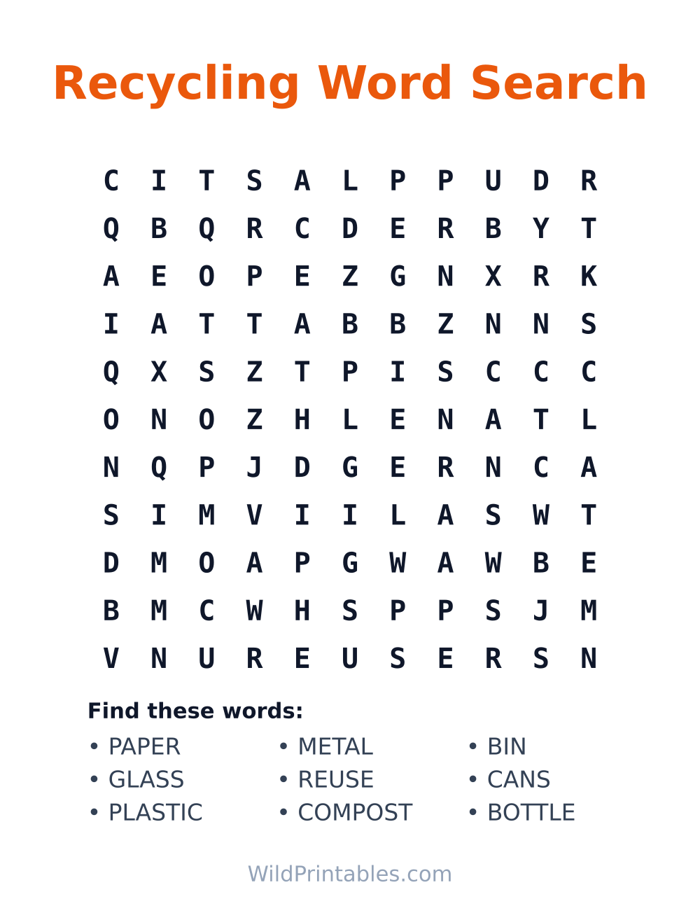 Recycling Word Search — free printable word search for kids