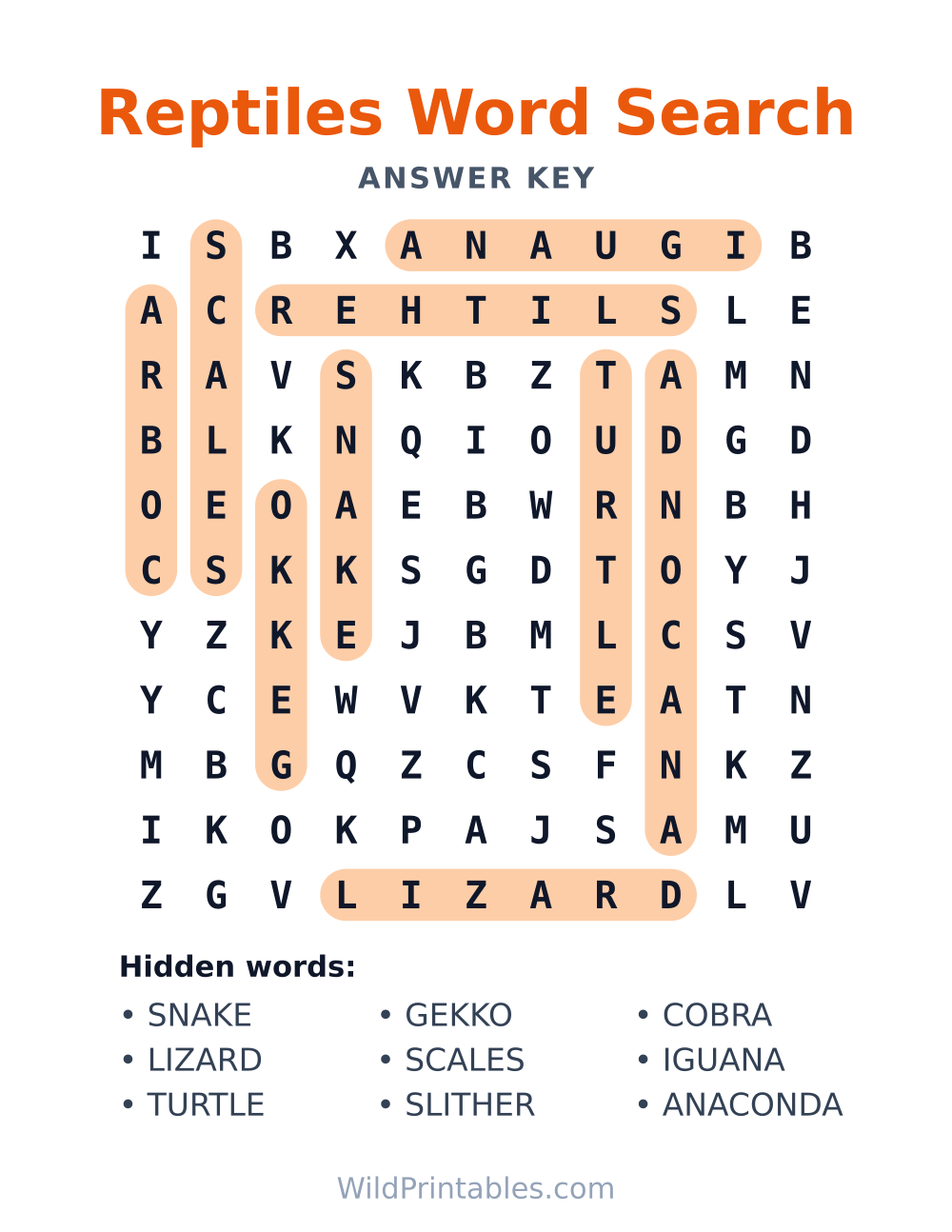 Reptiles Word Search — answer key
