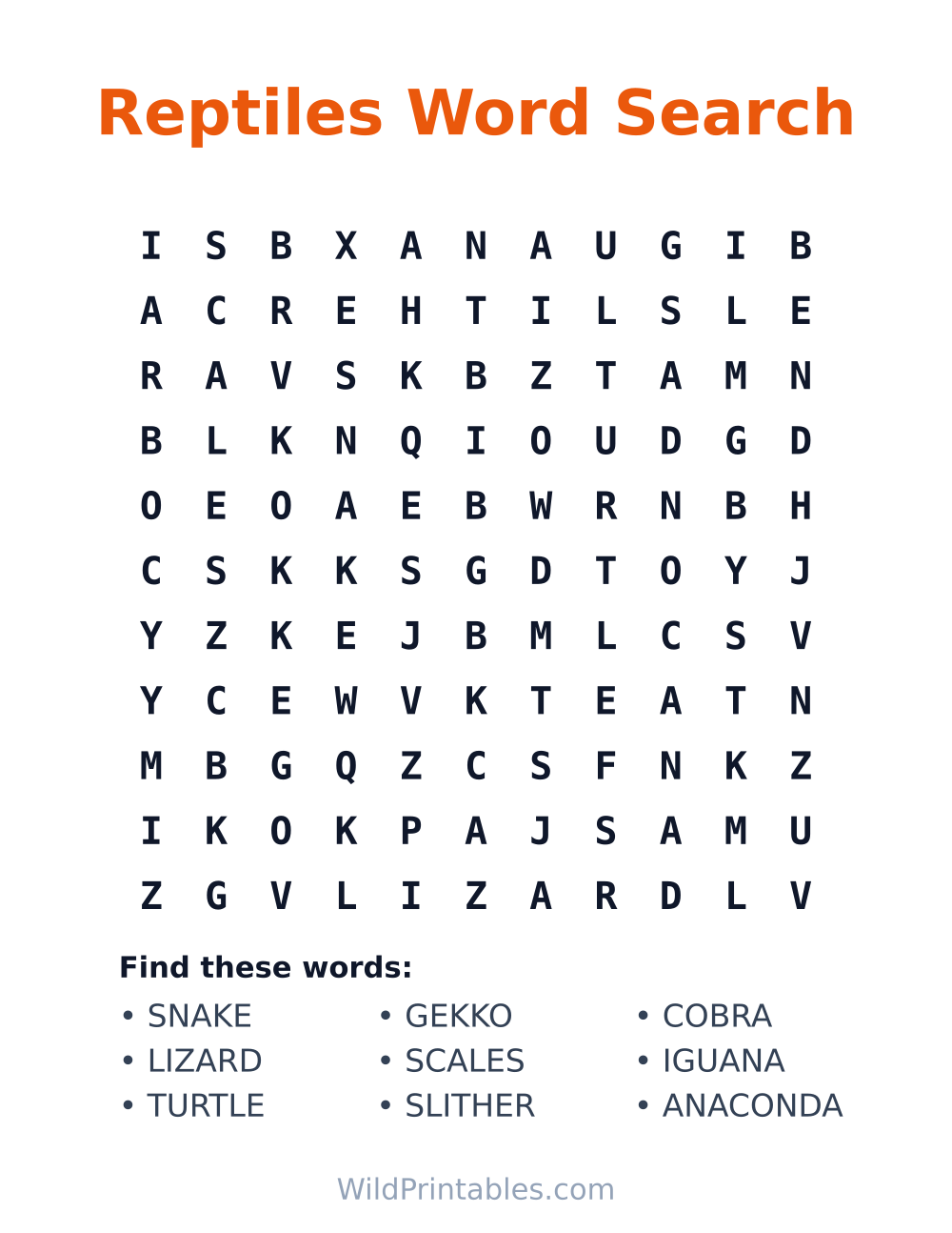 Reptiles Word Search — free printable word search for kids