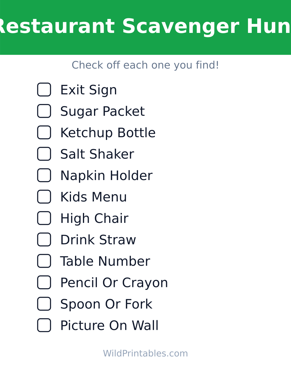 Restaurant Scavenger Hunt — free printable scavenger hunt for kids